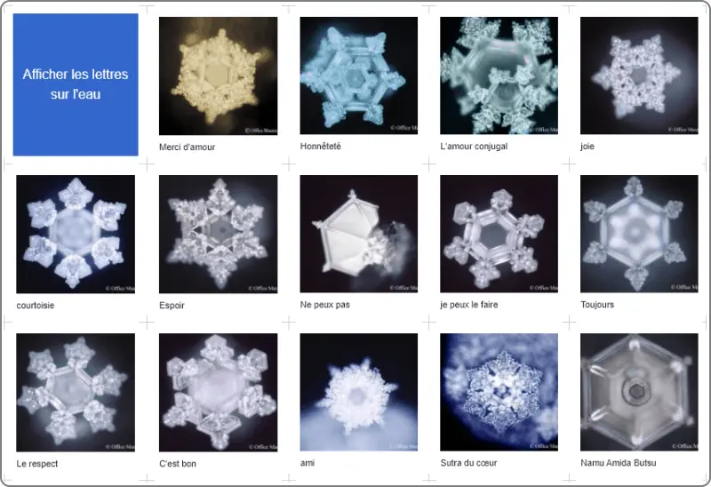 Capture d'écran des cristaux d'eau à partir du site de Masaru Emoto
