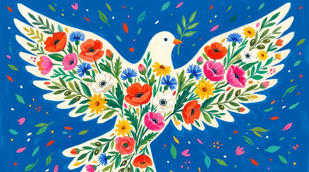 Illustration : une grande colombe en vol dont le corps et les ailes sont entièrement composés de fleurs et de feuillages aux couleurs vives, une branche d'olivier au bec, sur fond bleu saturé