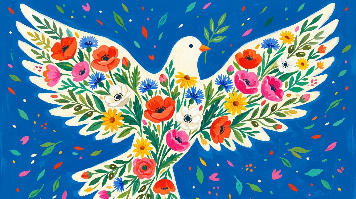 Illustration : une grande colombe en vol dont le corps et les ailes sont entièrement composés de fleurs et de feuillages aux couleurs vives, une branche d'olivier au bec, sur fond bleu saturé