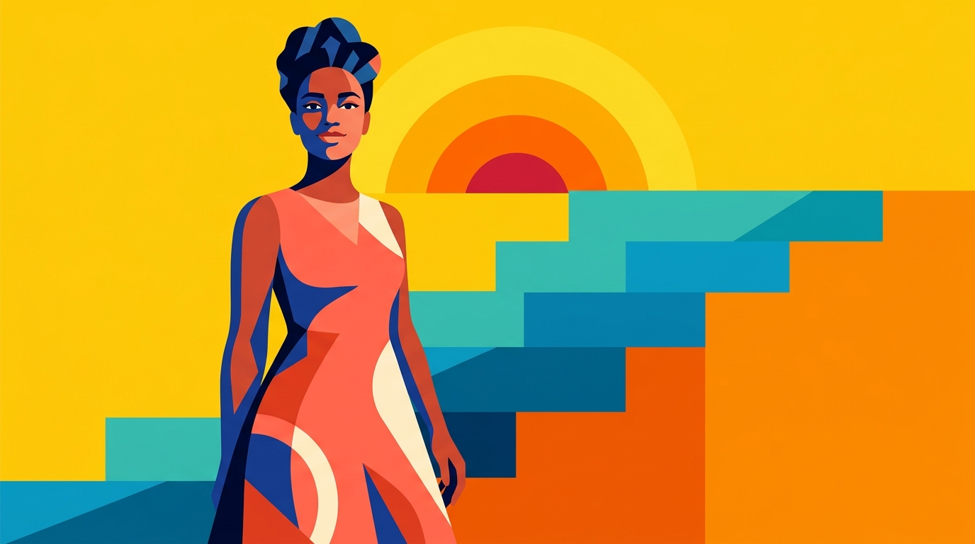 Illustration graphique aux aplats vifs : une femme debout, redressée et confiante, dans un décor géométrique jaune et bleu électrique.