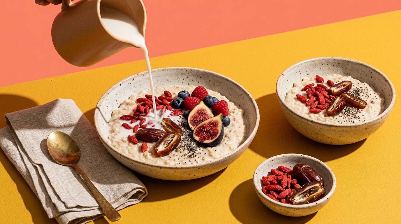 Photographie culinaire : trois bols de porridge d'avoine garnis de baies de goji, dattes et graines de chia sur un fond jaune vif.