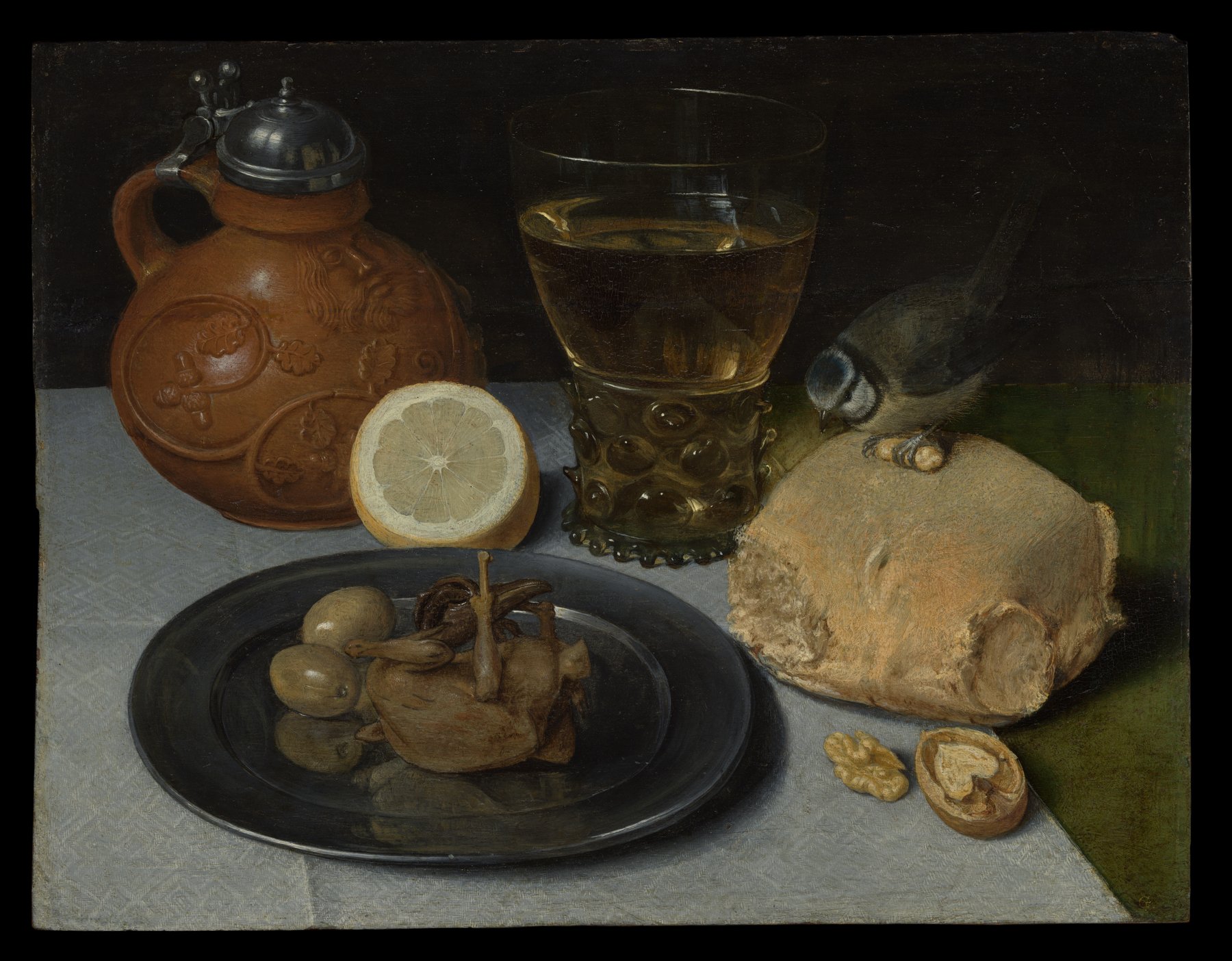 Nature morte ancienne avec pichet, pain et citron, évoquant un petit-déjeuner traditionnel