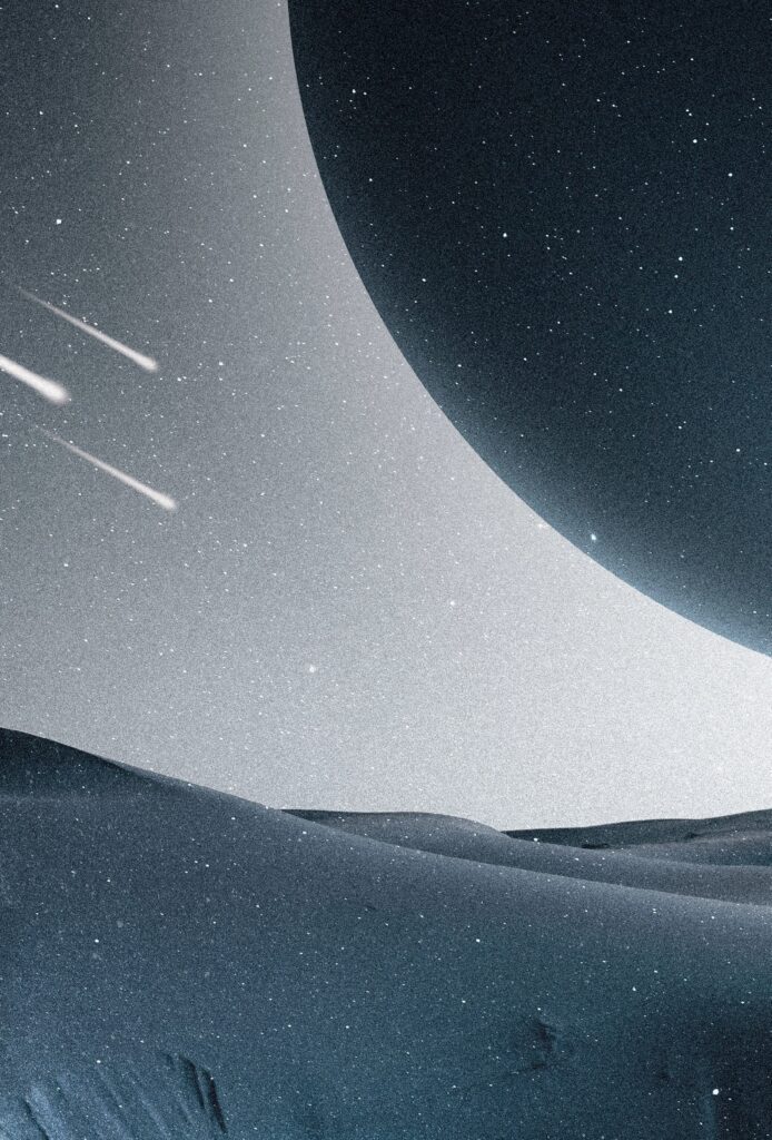 Dune saharienne sous un ciel etoile, la nuit — le trace du gazoduc transsaharien traverse le Sahara algerien.