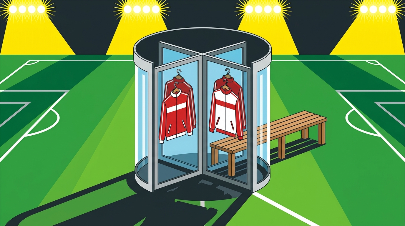 Illustration conceptuelle : quatre vestes d'entraîneur suspendues au-dessus d'un banc de touche vide, sous la lumière crue d'un stade, dans une porte tournante.