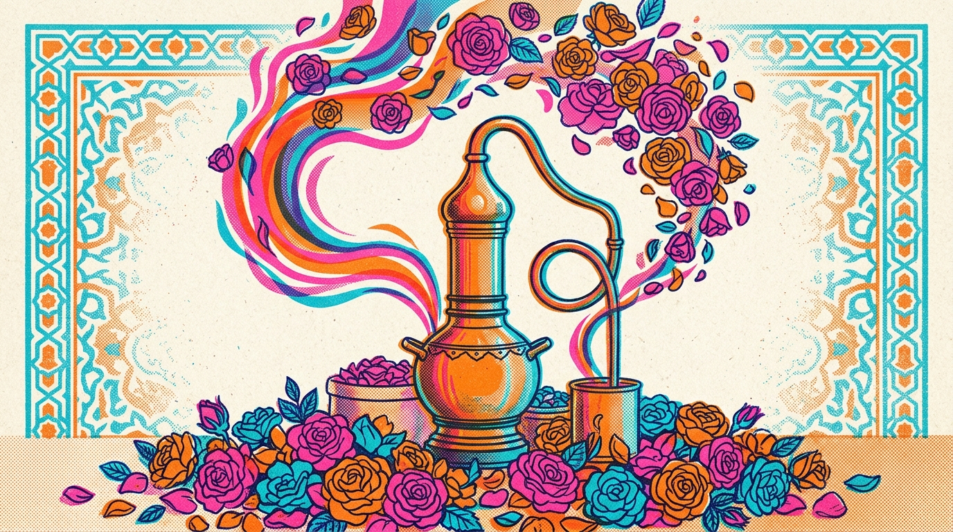 Impression risographie : un alambic de cuivre distillant des roses de Damas, encres rose fluo, turquoise et orange superposées.