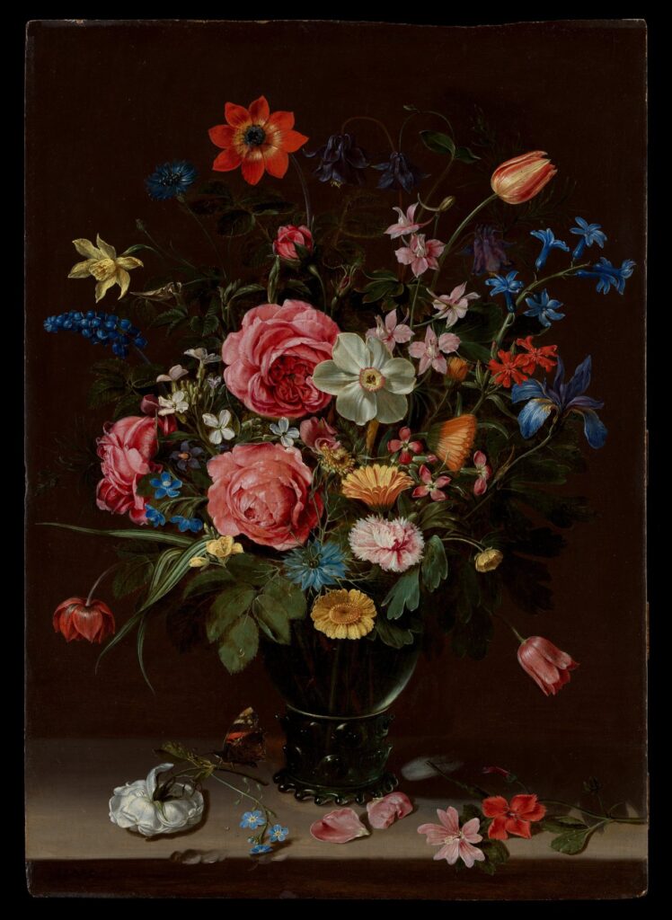 Nature morte ancienne représentant un bouquet de fleurs incluant des roses