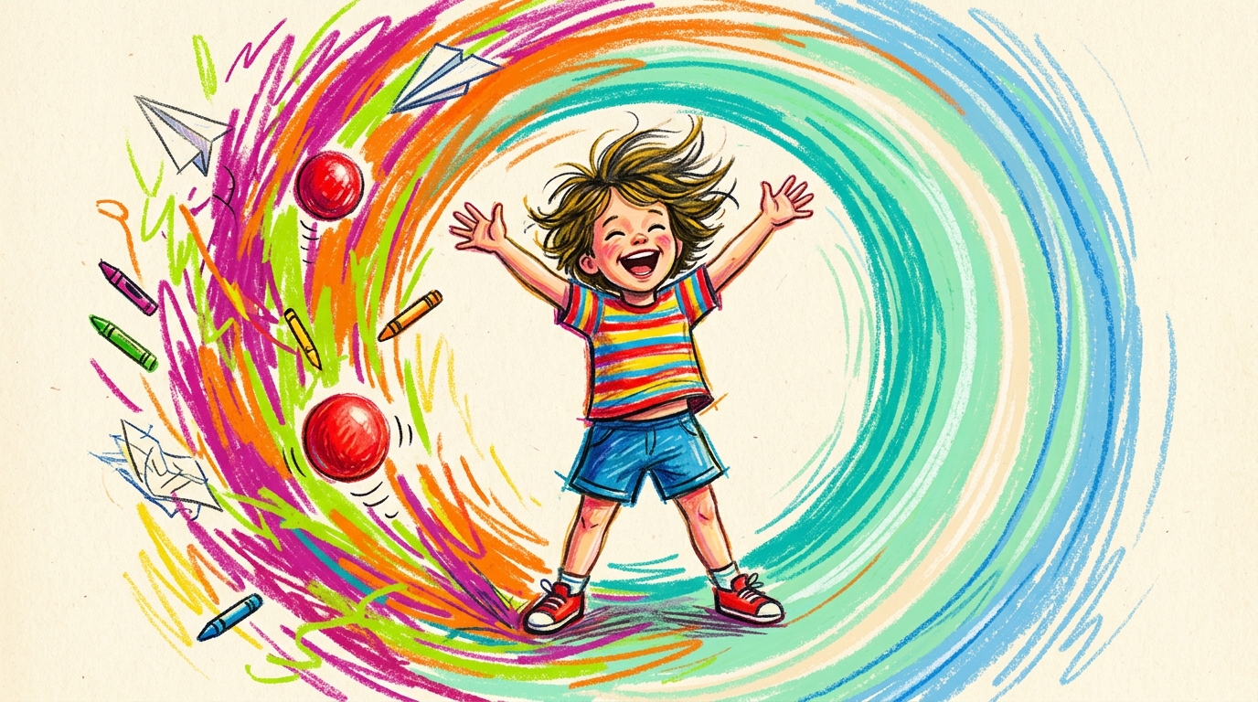 Illustration au pastel gras : un jeune enfant riant, bras écartés, entouré d'un anneau de couleurs qui passe du tourbillon explosif à la spirale apaisée.