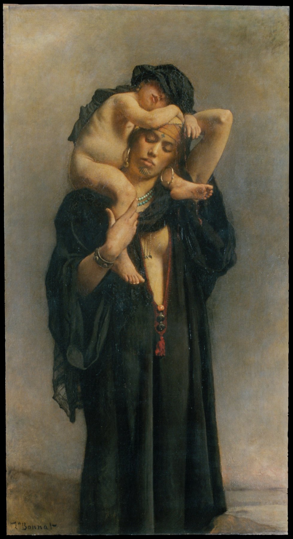Peinture d'une femme portant tendrement son enfant sur l'épaule