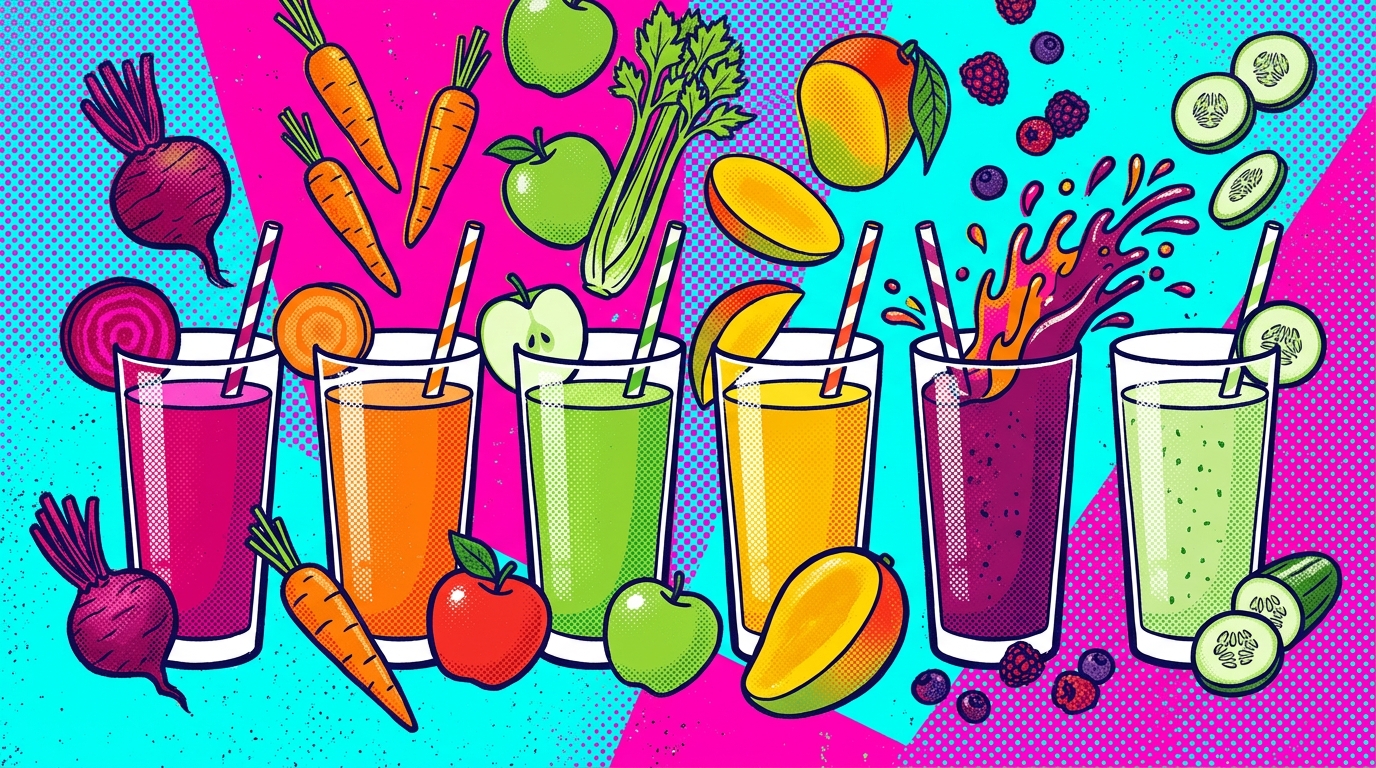 Illustration pop art sérigraphiée : une rangée de verres de jus de fruits et légumes aux couleurs fluorescentes sur fond bicolore.