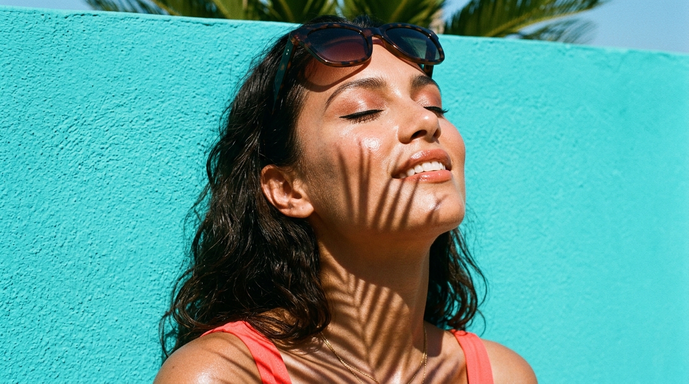 Portrait beauté en plein soleil : peau hâlée et lumineuse, ombre de feuille de palmier sur le visage, maquillage nude cuivré et eye-liner net
