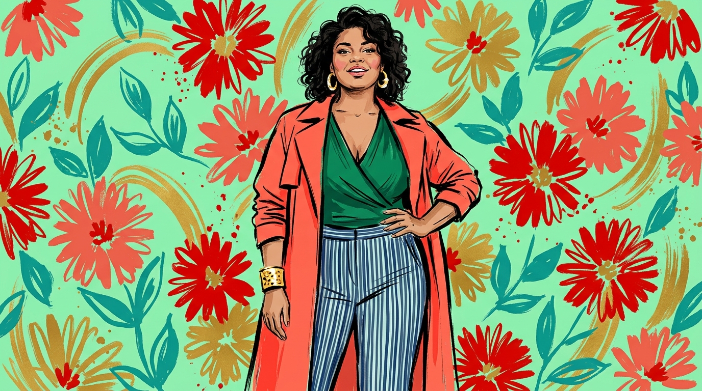Illustration de mode à l'encre : une femme aux formes généreuses, debout et sûre d'elle, en robe vert émeraude à décolleté en V, sur fond de couleur vive