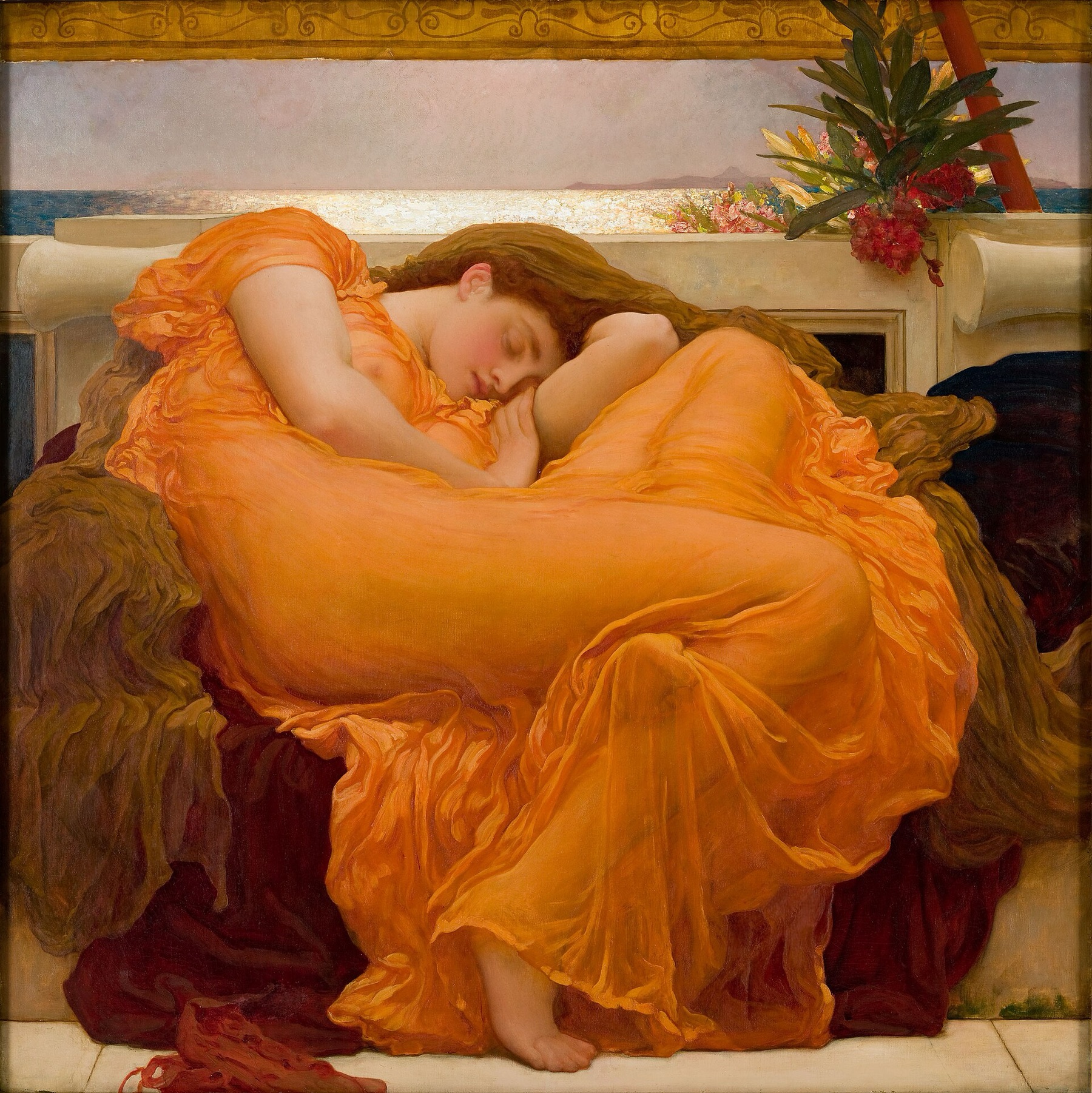 Flaming June de Frederic Leighton (1895) : jeune femme endormie drapée d'orange — domaine public