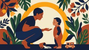 Illustration en grands aplats : un parent accroupi à hauteur des yeux de son tout-petit, main ouverte, sous un grand arc jaune, entourés de feuillages terracotta et vert forêt.