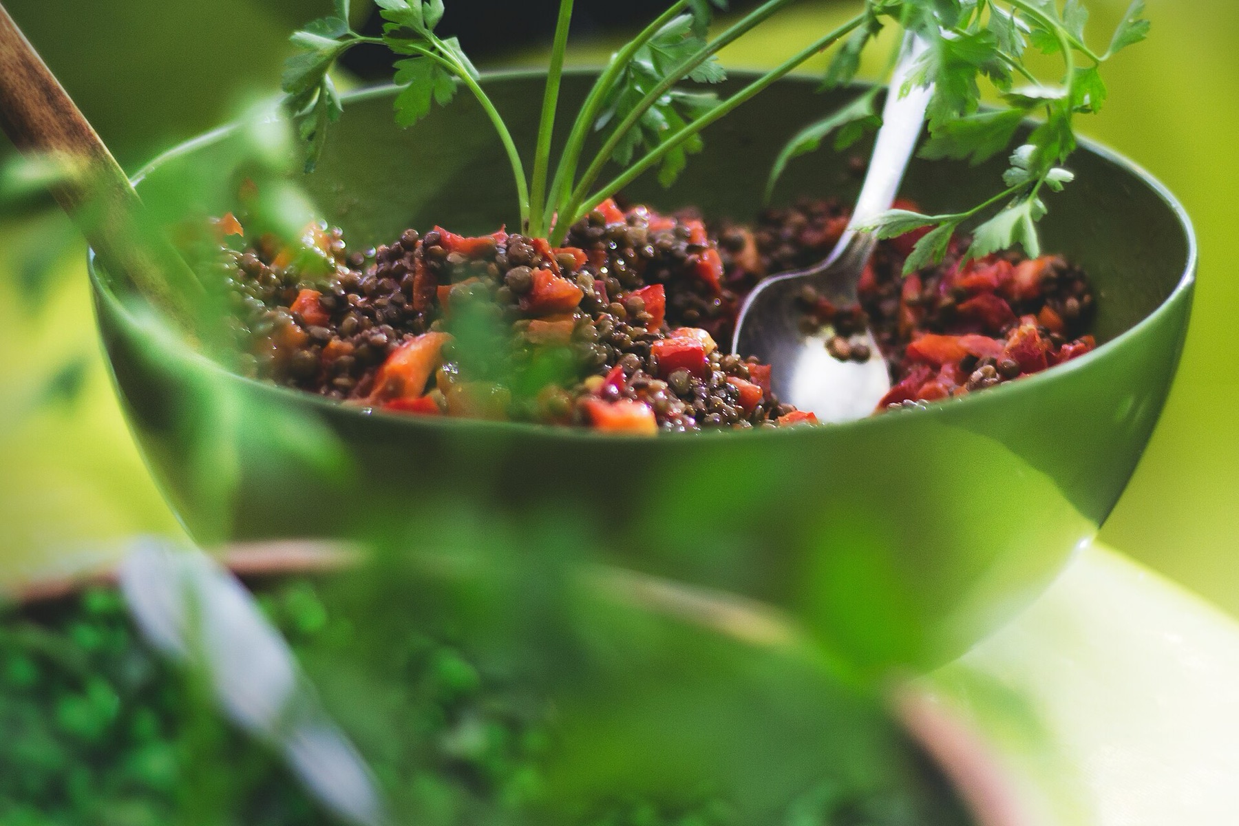 Bol de salade de lentilles aux légumes frais et persil