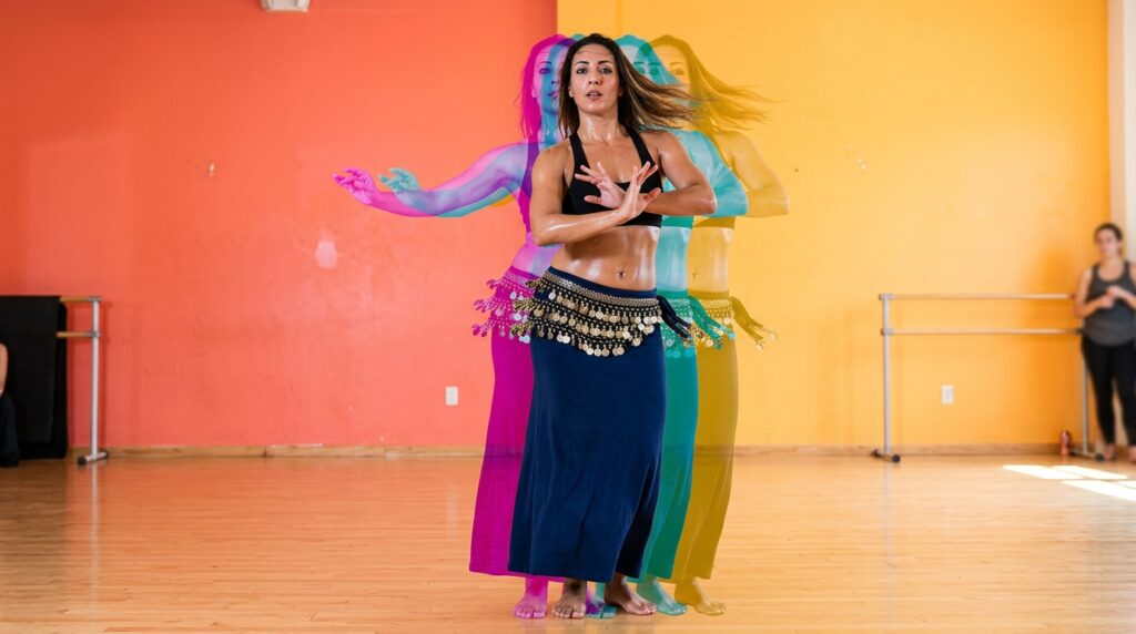 Photographie en pose longue d'une danseuse orientale en mouvement, traînées lumineuses dorées de sa ceinture de pièces sur fond magenta