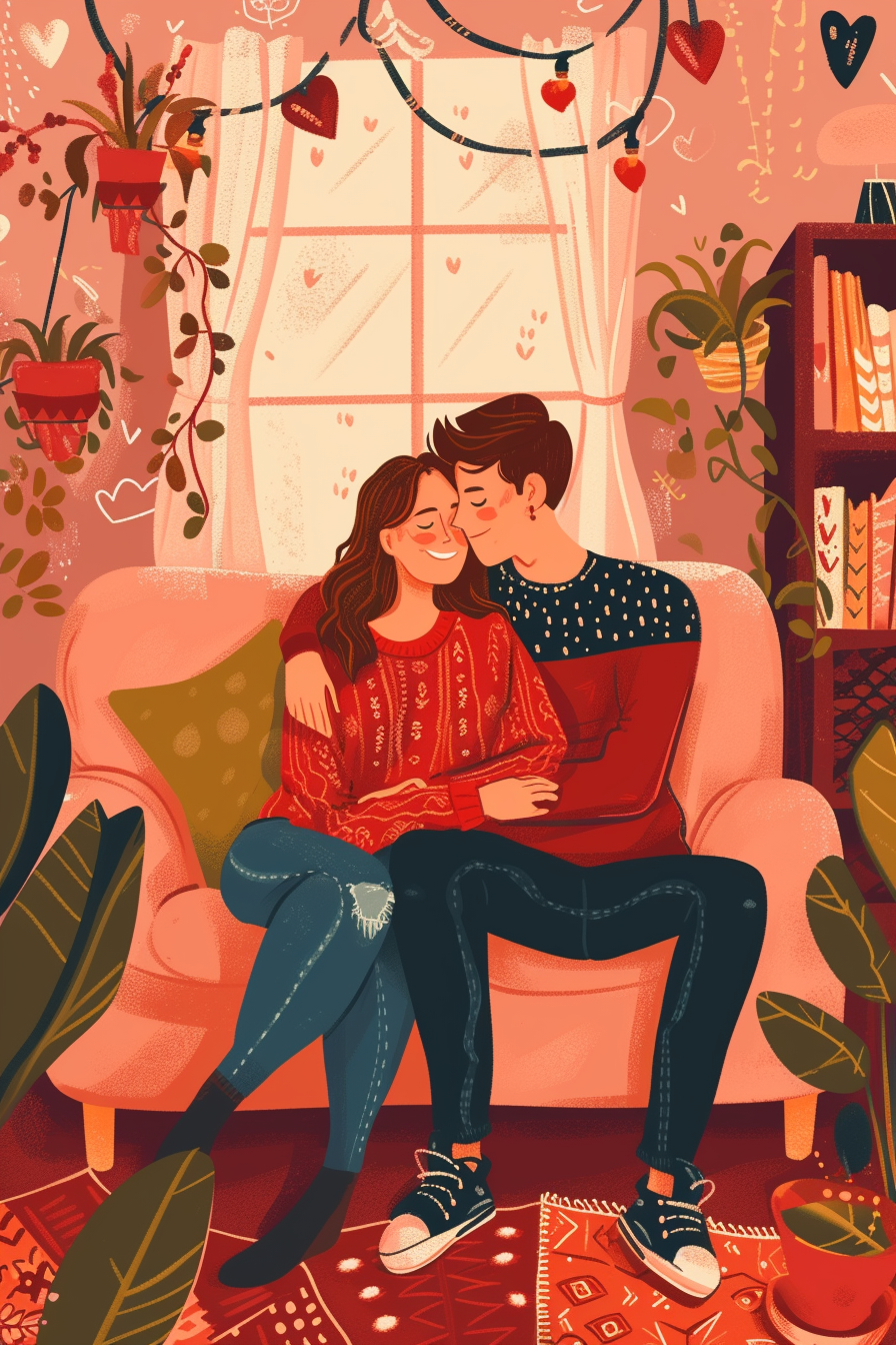 Illustration d'un couple enlacé dans un salon chaleureux décoré pour la Saint-Valentin
