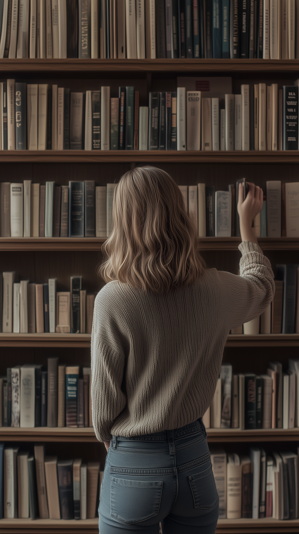 Une femme de dos choisit un livre dans une bibliothèque murale