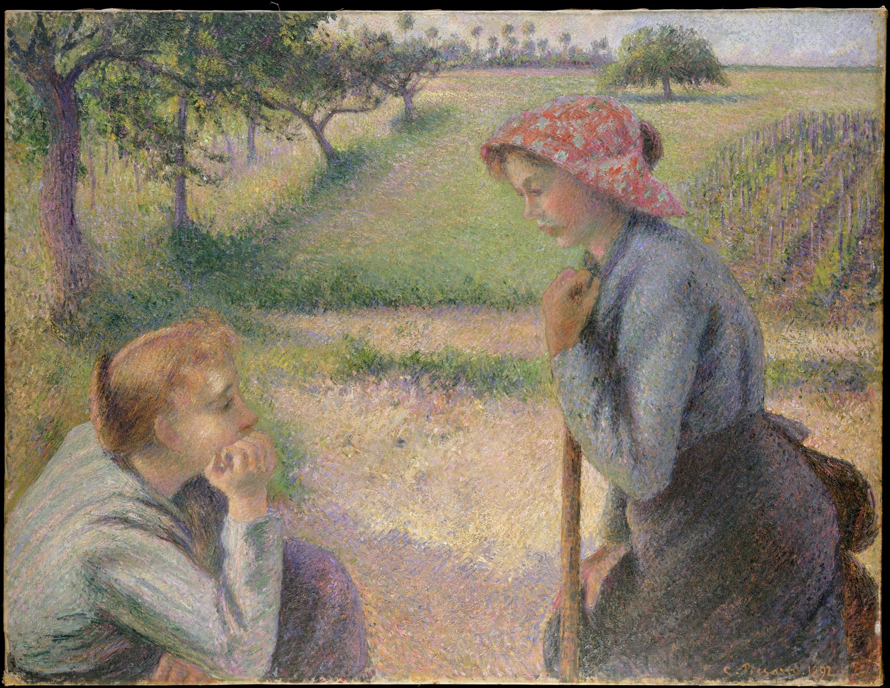 Peinture de deux jeunes paysannes par Camille Pissarro, symbole de solidarité féminine