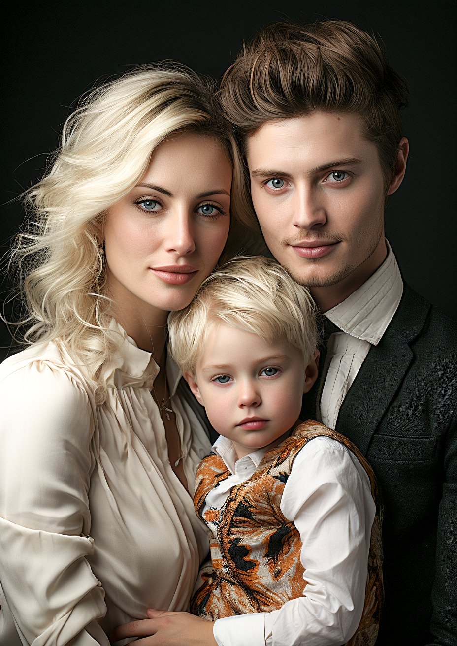 Portrait de famille : deux parents et leur enfant, posant tendrement ensemble