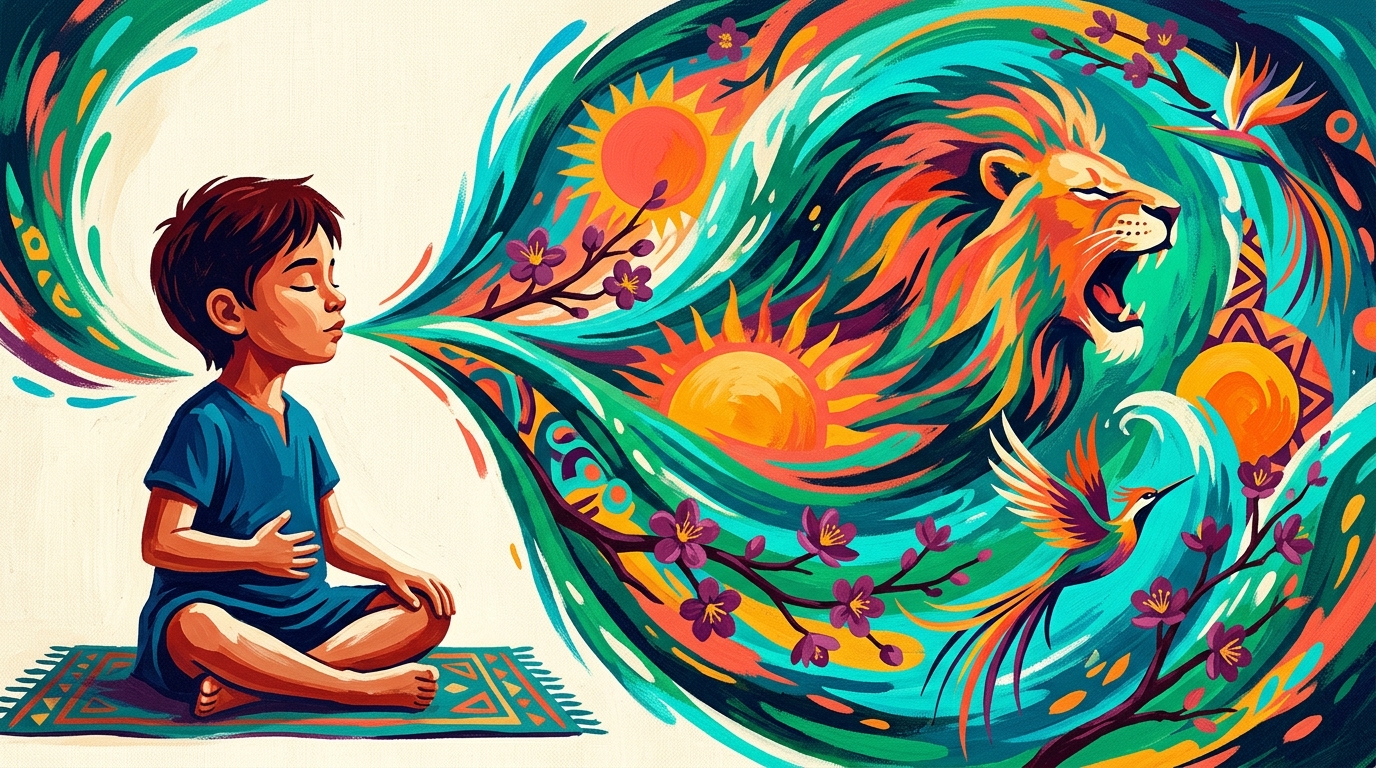 Peinture éclatante : un enfant assis, les yeux fermés, dont le souffle se déploie en une immense vague de couleurs où surgissent un lion, des soleils et des oiseaux.