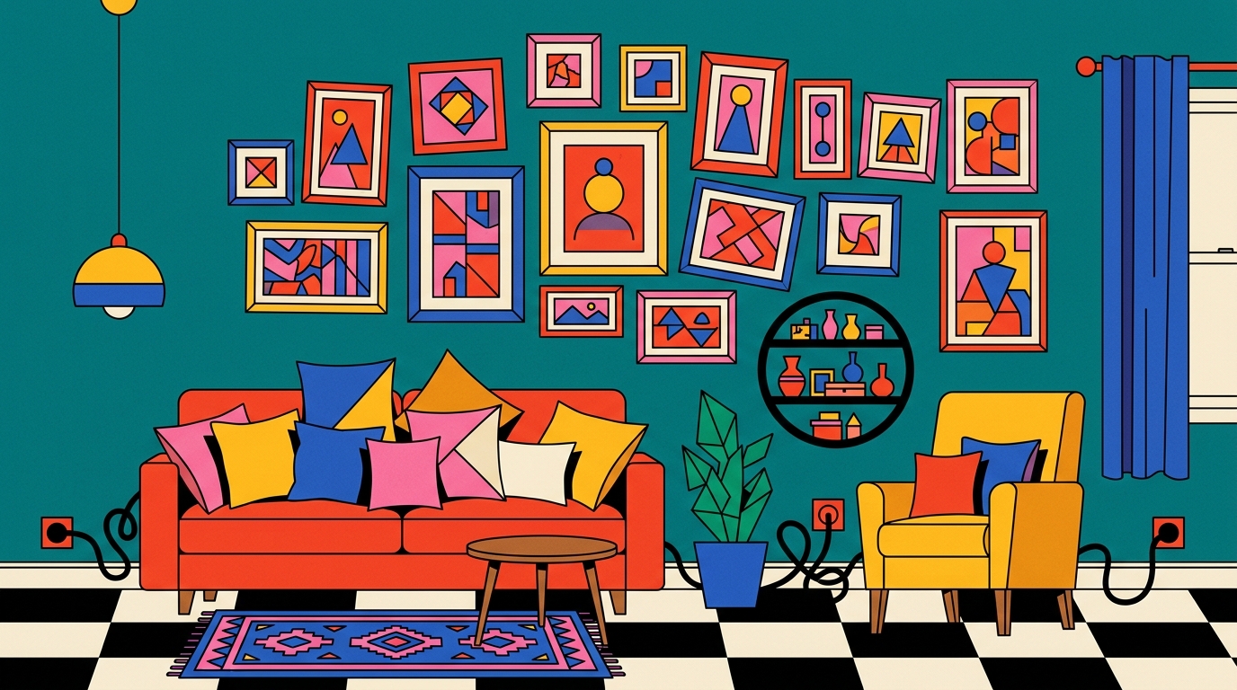 Illustration géométrique frontale d'un mur de salon aux couleurs primaires : cadres mal alignés, tapis trop petit, suspension trop haute