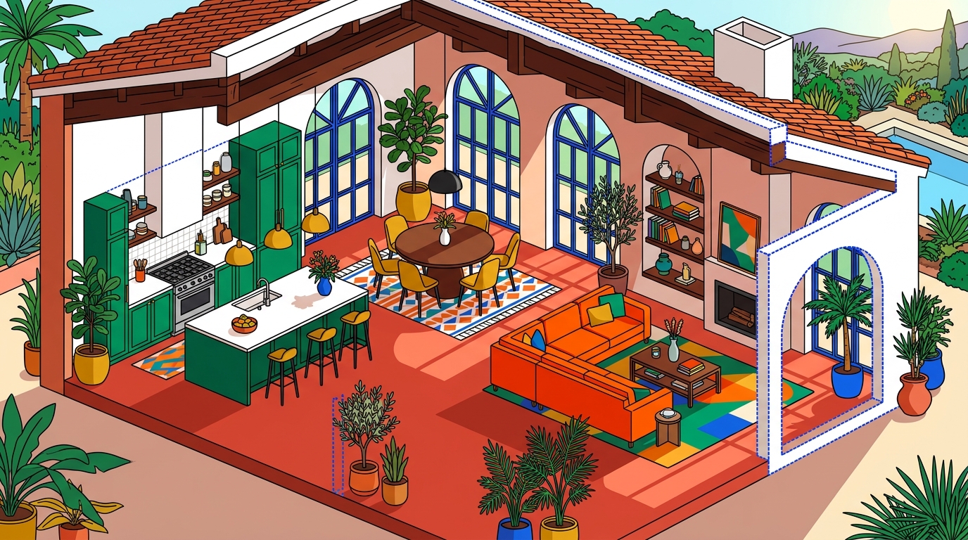 Illustration axonométrique très colorée : coupe d'une maison méditerranéenne sans cloisons, cuisine vert émeraude, salon orange vif et sol terracotta.