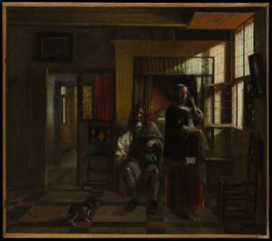 Peinture d'un intérieur hollandais ouvert, avec vue en enfilade entre les pièces
