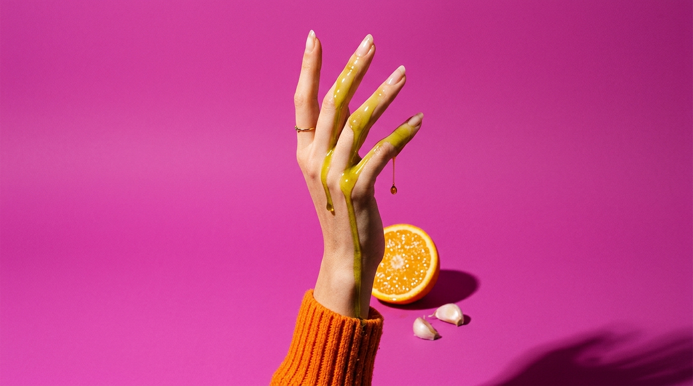 Nature morte pop : une main aux ongles longs et nets au-dessus d'un bol d'huile d'olive, avec une demi-orange et des gousses d'ail sur fond magenta