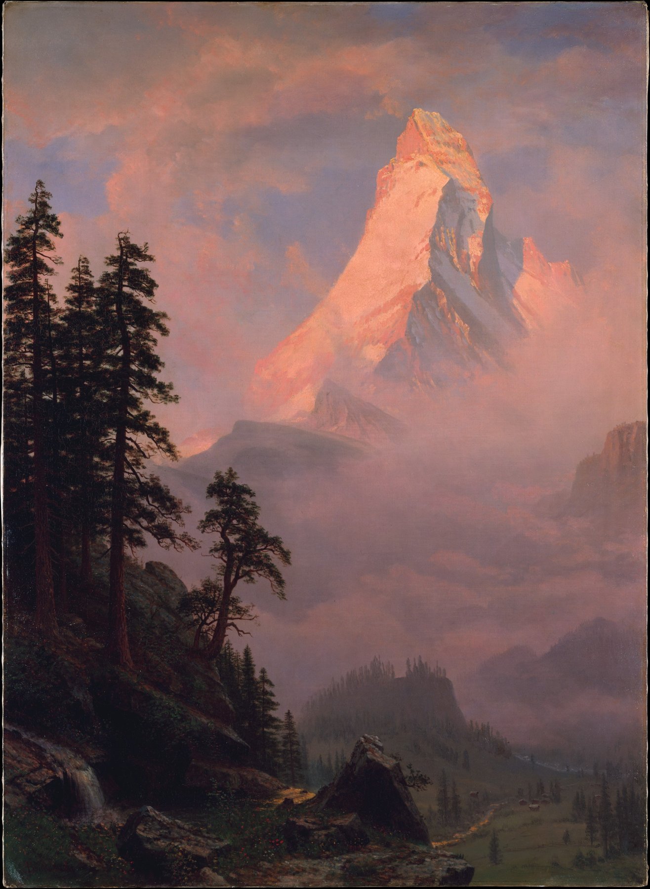 Peinture de lever de soleil sur une montagne enneigée, lumière dorée et sereine