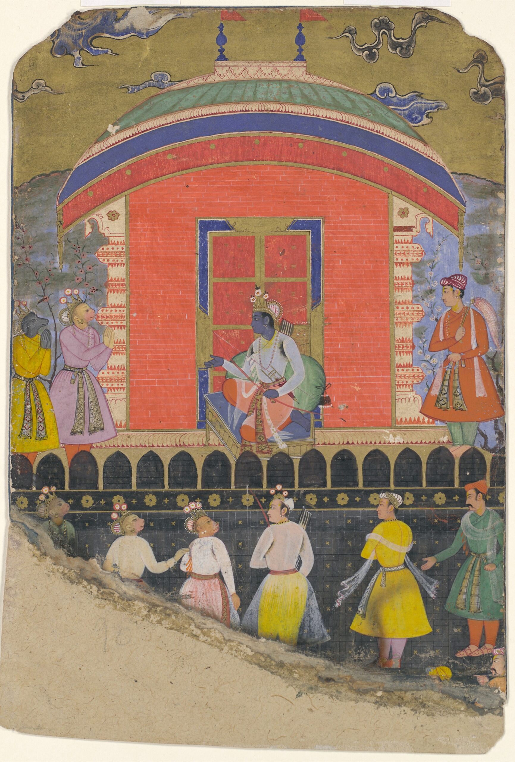Miniature d'un Ramayana (vers 1605) : Rama reçoit les rois singes Sugriva et Jambavat — Metropolitan Museum of Art, domaine public