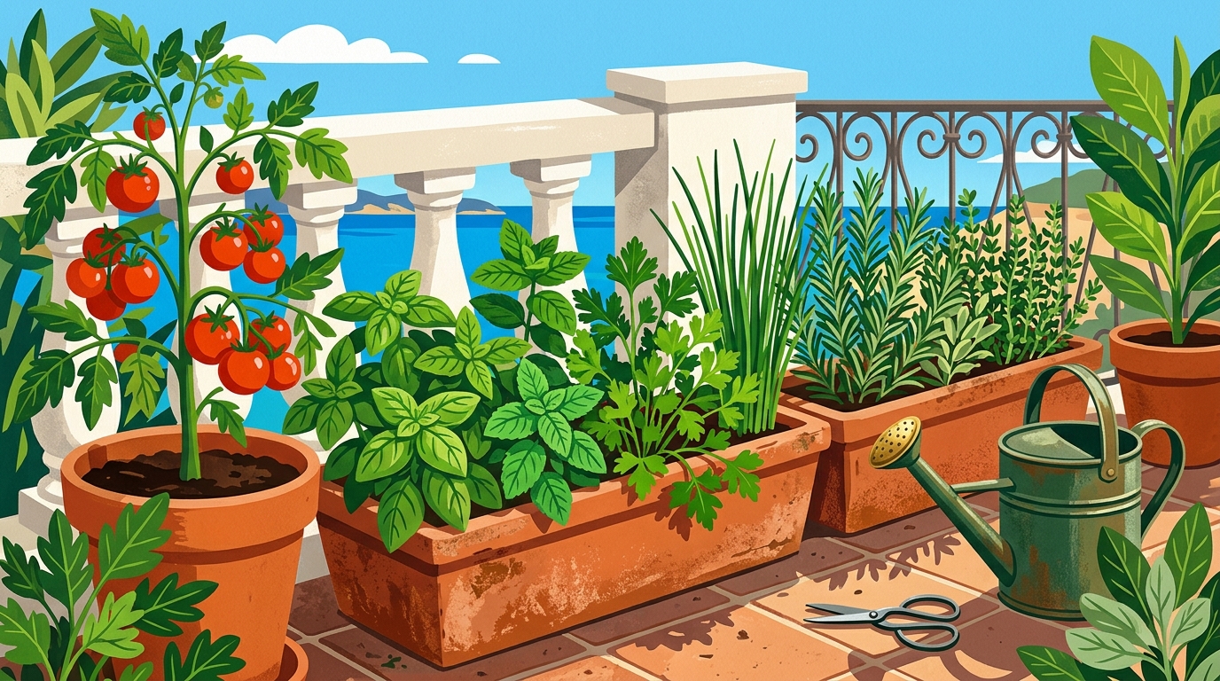 Illustration botanique moderne : jardinières de basilic, menthe, romarin et thym alignées sur un balcon méditerranéen baigné de soleil.