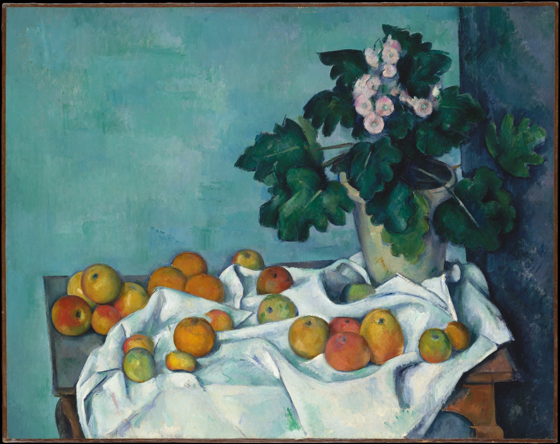 Nature morte de Cézanne avec pot de primevères et fruits sur une table