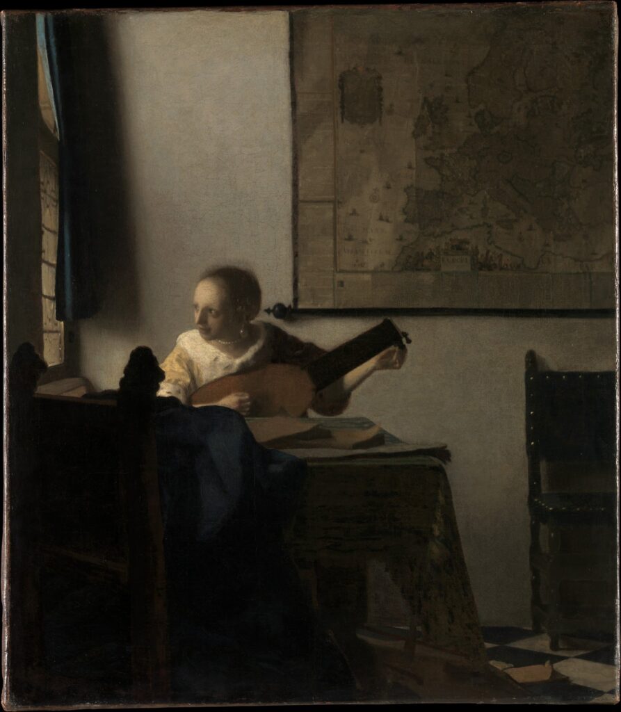 Peinture : une femme joue de la musique dans un intérieur paisible