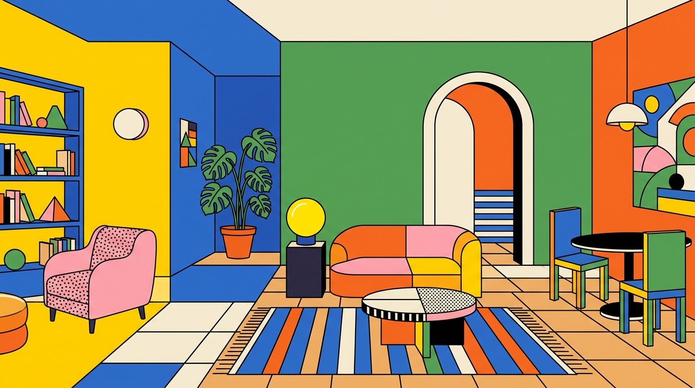 Illustration graphique : un intérieur composé de grands blocs de couleur — vert, jaune, bleu, orange — meubles et lampes en formes géométriques.