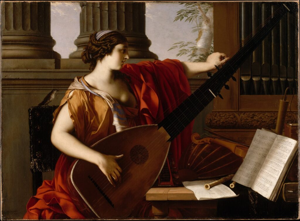 Peinture ancienne : une femme joue du luth devant une partition