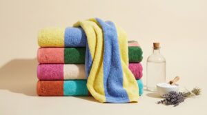 Nature morte photographique : une pile de serviettes éponge à larges rayures colorées, l'une retombant en cascade, avec vinaigre blanc et bicarbonate sur fond crème.