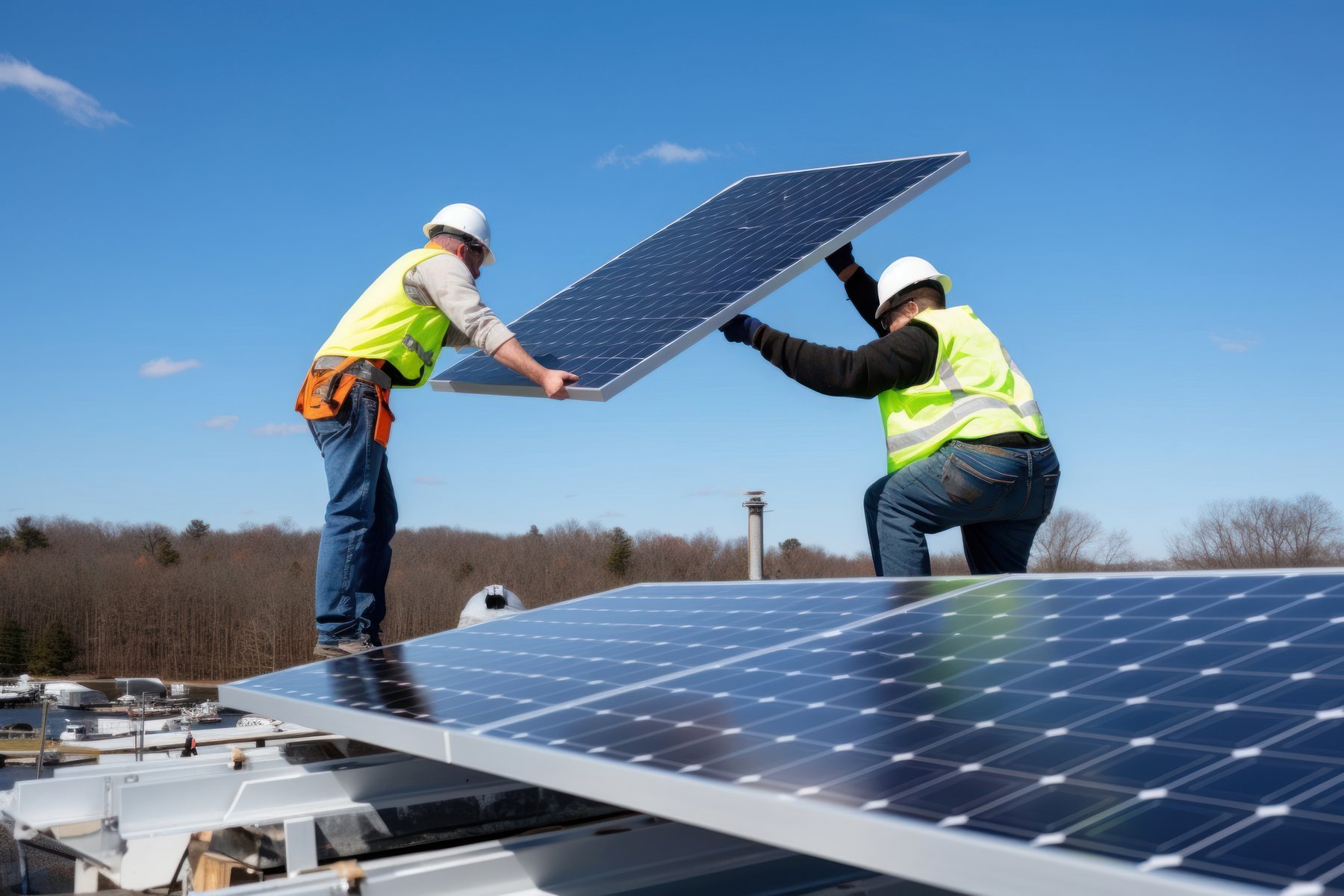 Deux techniciens en gilet de sécurité installant un panneau solaire