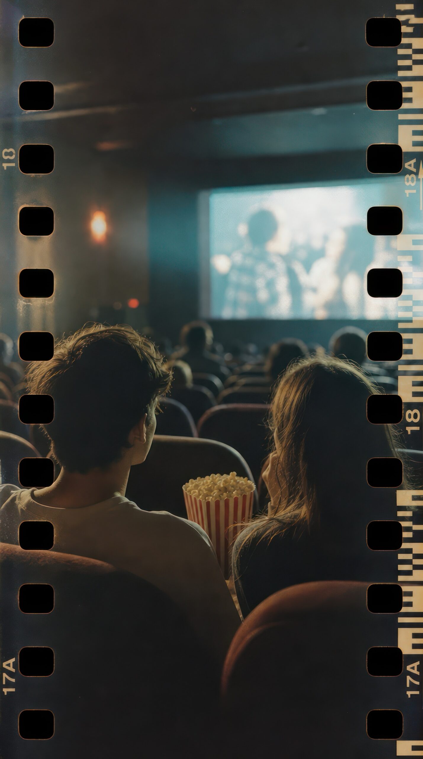 Spectateurs en salle obscure devant l'écran, popcorn à la main, bordure de pellicule