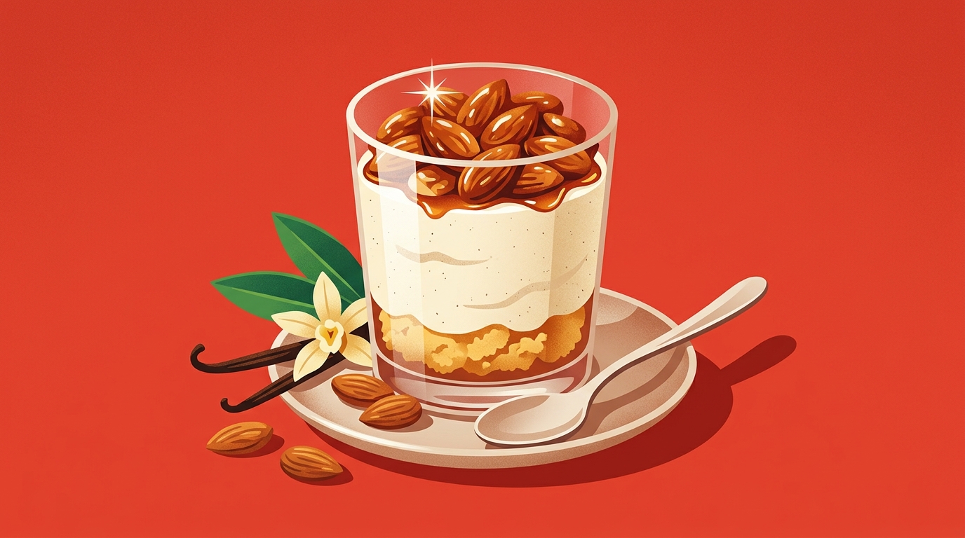 Illustration en aplats d'une verrine de mousse à la vanille : couche de madeleine émiettée, mousse ivoire et couronne d'amandes caramélisées